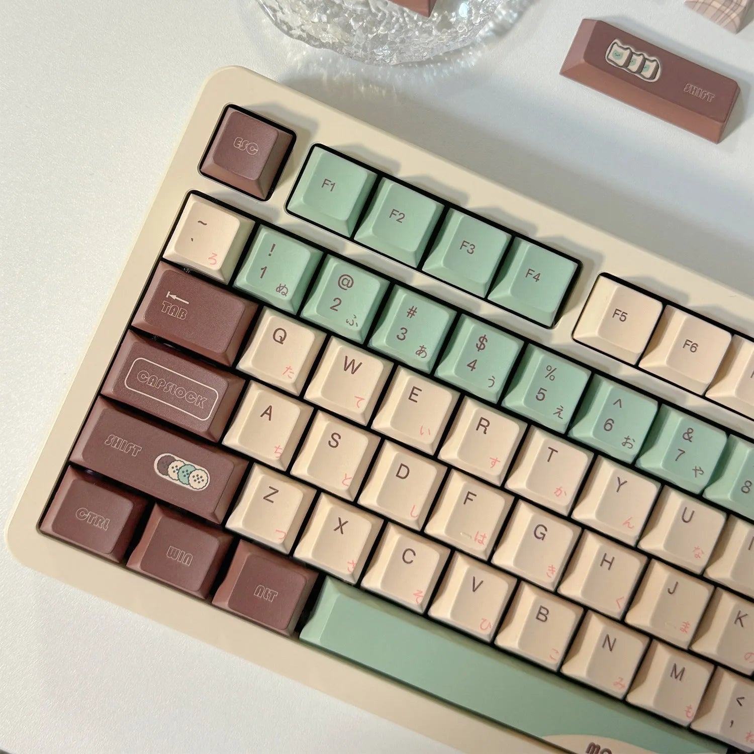 CAP Adaptive Cross Satellite Shaft mechanical keyboard keycap set in Matcha Theme colour with keycap puller.