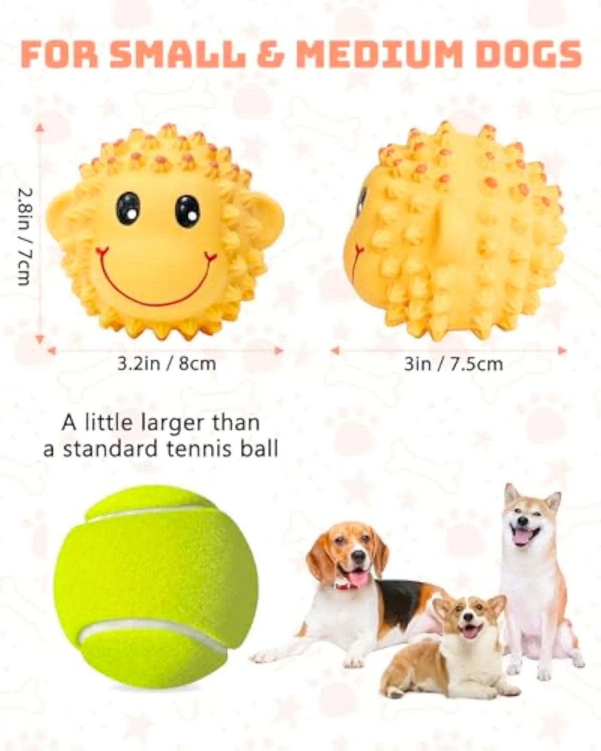 Orange and yellow spiky squeaky latex dog toy for small medium breeds.