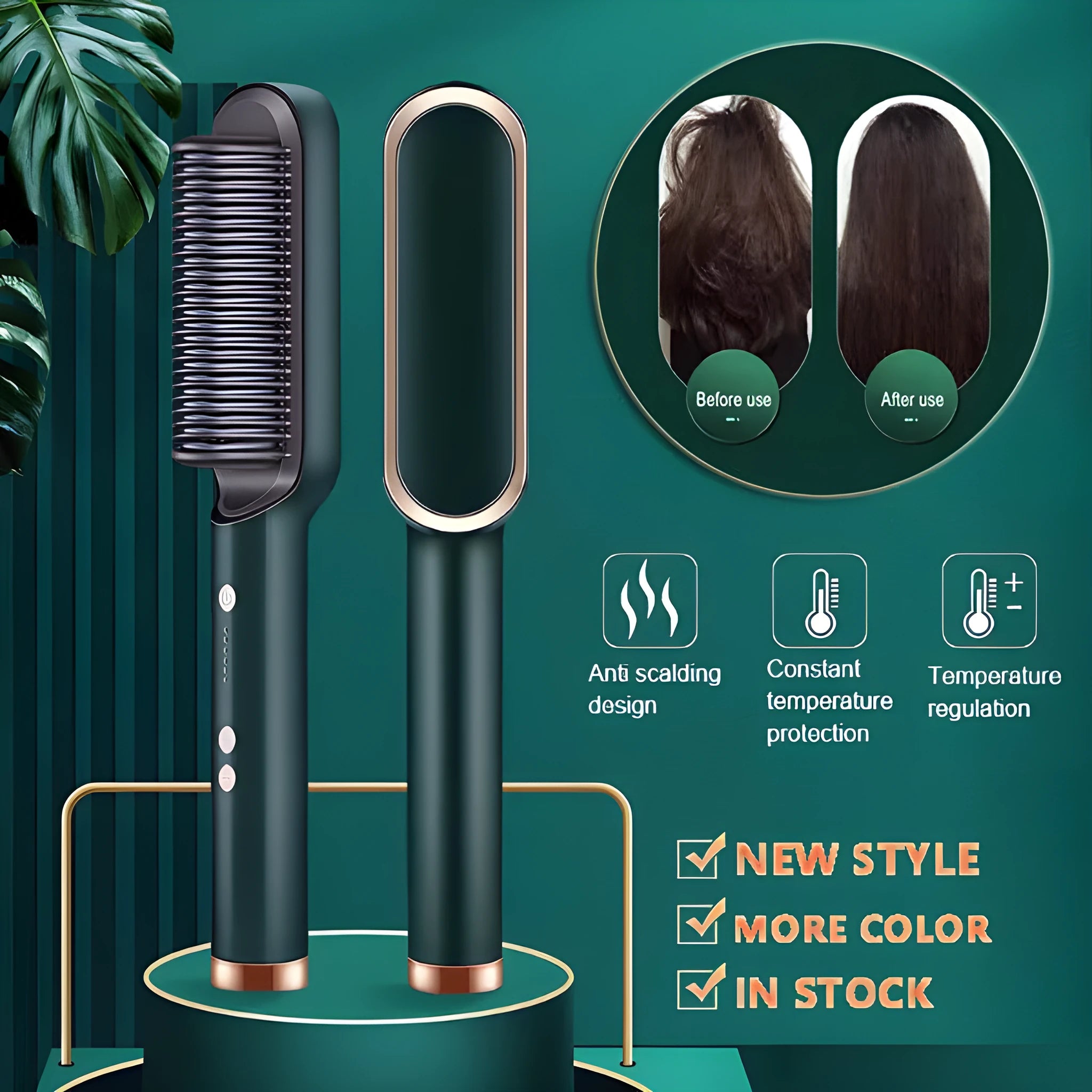Red and black dual hair straightener and hot comb with digital display and rotating power cord.