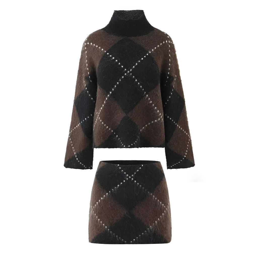Women's turtleneck pullover loose knit sweater and printed long skirt two-piece polyester suit in street fashion style
