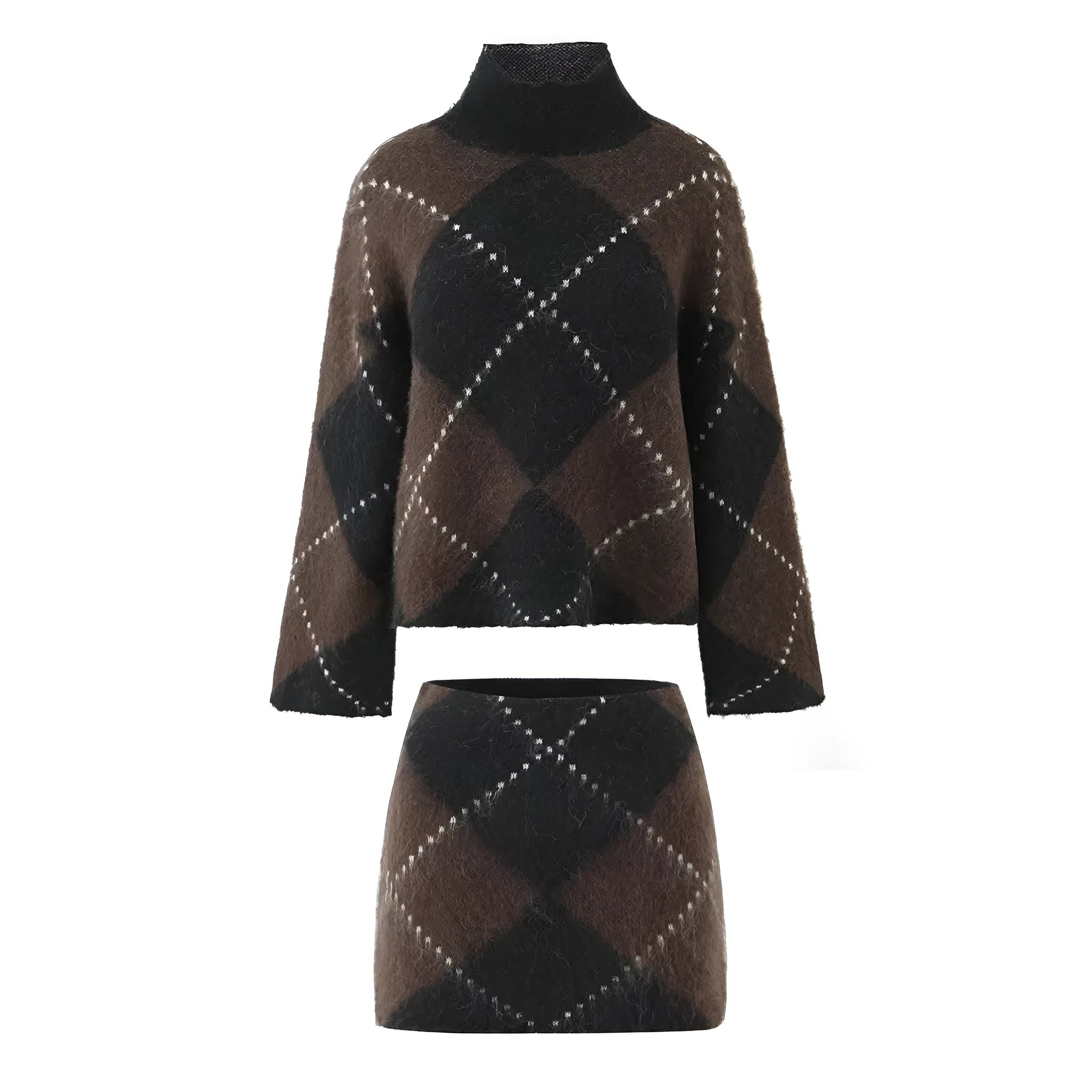 Women's turtleneck pullover loose knit sweater and printed long skirt two-piece polyester suit in street fashion style