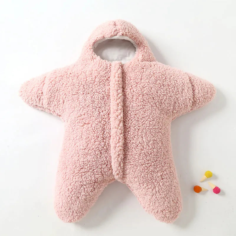 Cashmere and cotton baby sleeping bag with hood in starfish lamb velvet design