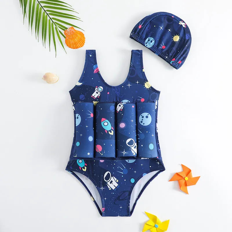 Children's buoyancy swimsuit boy's one-piece in Korean-style solid colour, nylon fabric, available in sizes M to XXL