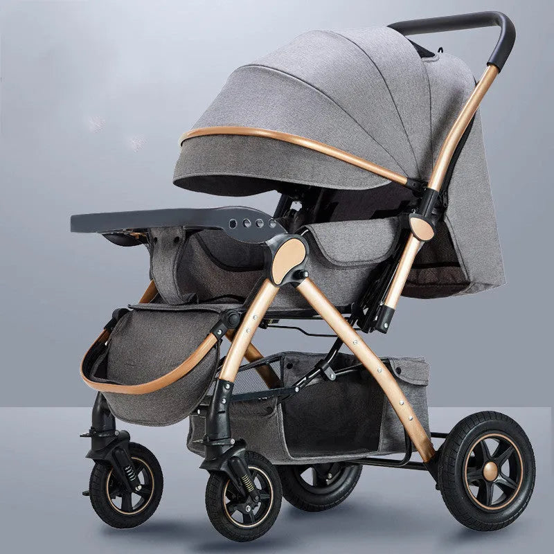 Reversible baby pushchair with steel frame and four wheels in sky blue colour