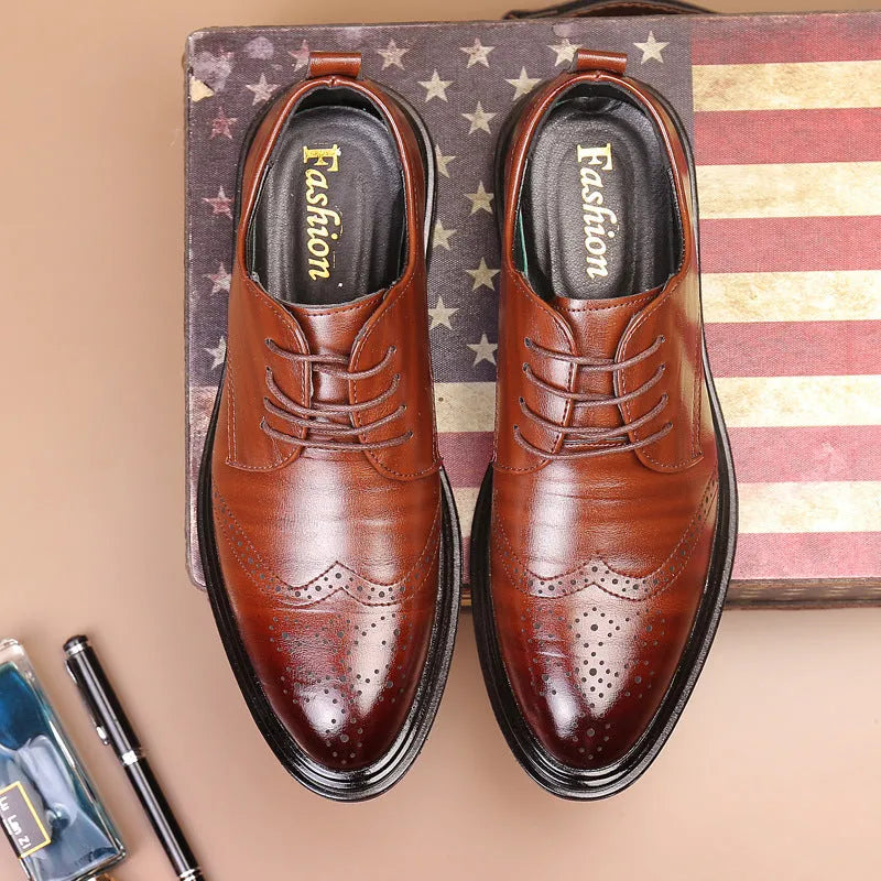 Men's anti-slip dress shoes with embossed grid pattern, round toe, and square heel in black