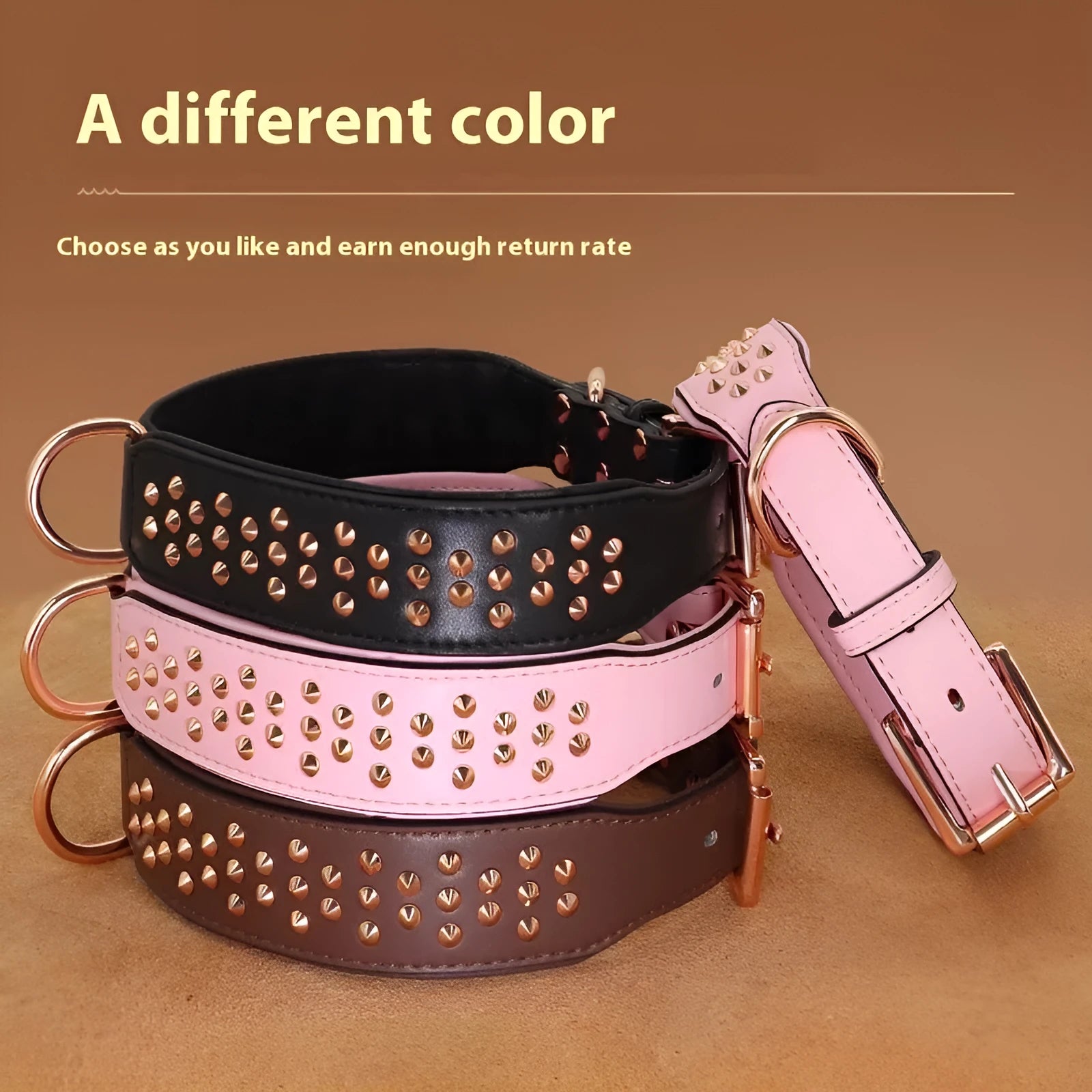 Leather dog collar with metal rivets in black, chocolate, or pink colour.