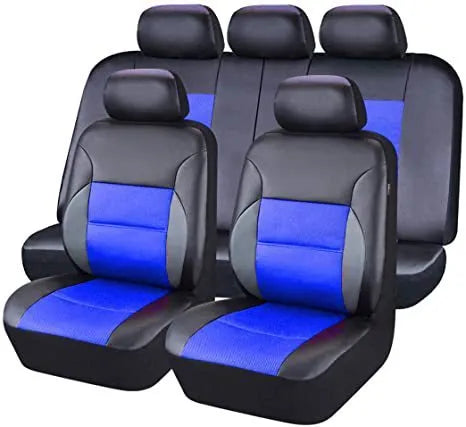 Set of artificial leather car seat covers showing headrest, front seat, and back seat pieces in a choice of colours.
