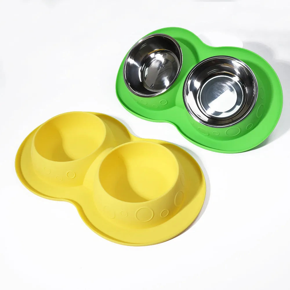 Blue non-slip silicone 2-in-1 pet feeding mat holding water and food bowls