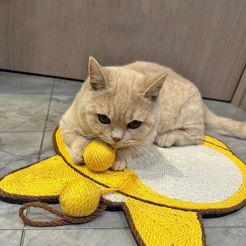 Yellow corgi-shaped sisal cat scratching pad with adhesive hooks and anti-slip base.