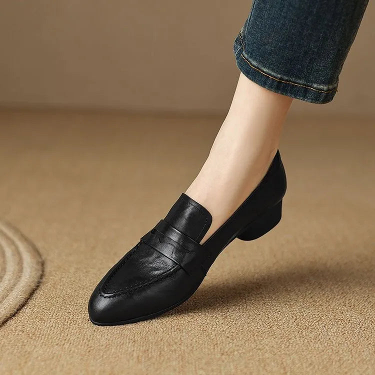 Women's retro pointed toe flat bottom slip-on loafers in black and brown with square toe and rubber sole