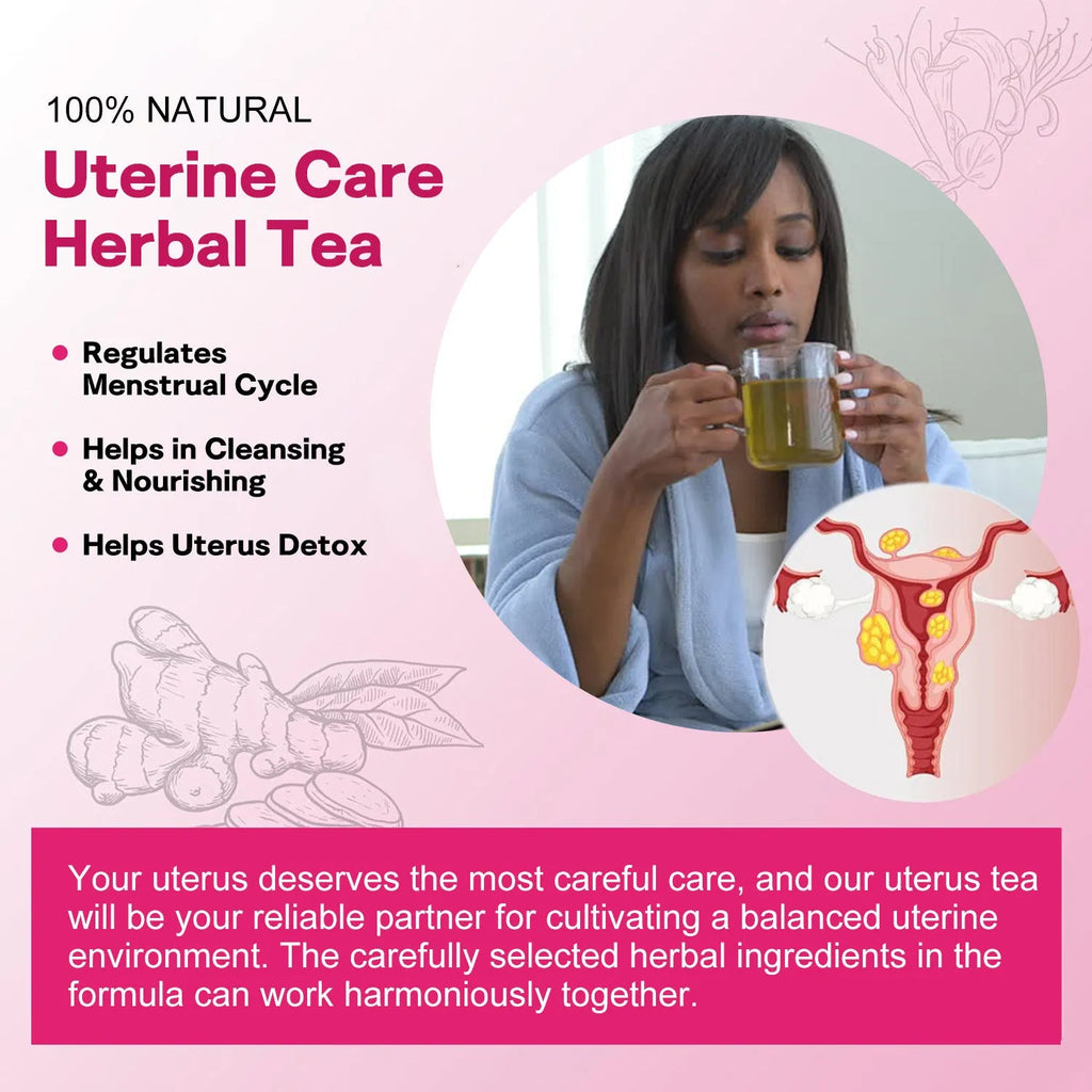 Bottle of uterine care herbal tea with 30 tea bags for womb relaxation and menstrual cycle balance