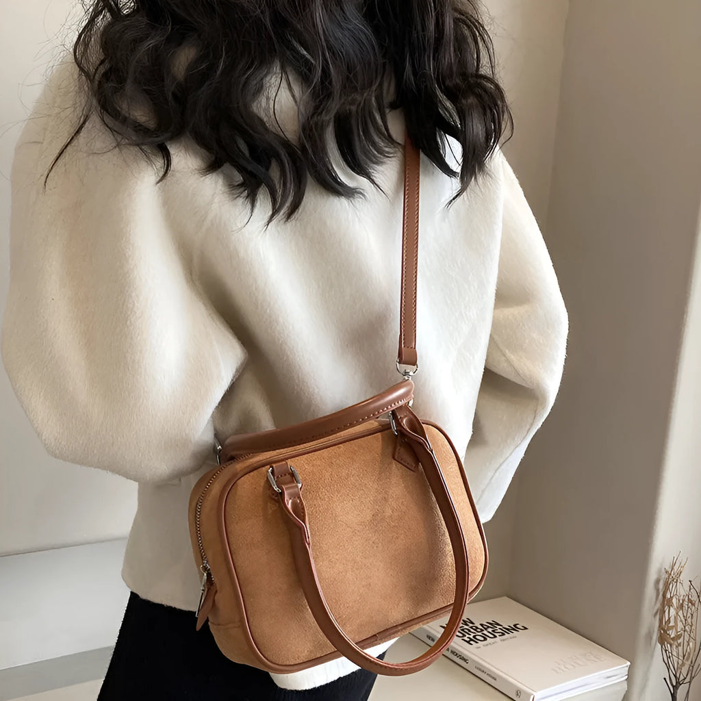 Women's crossbody suede-style PU leather handbag in horizontal square shape, available in multiple colours