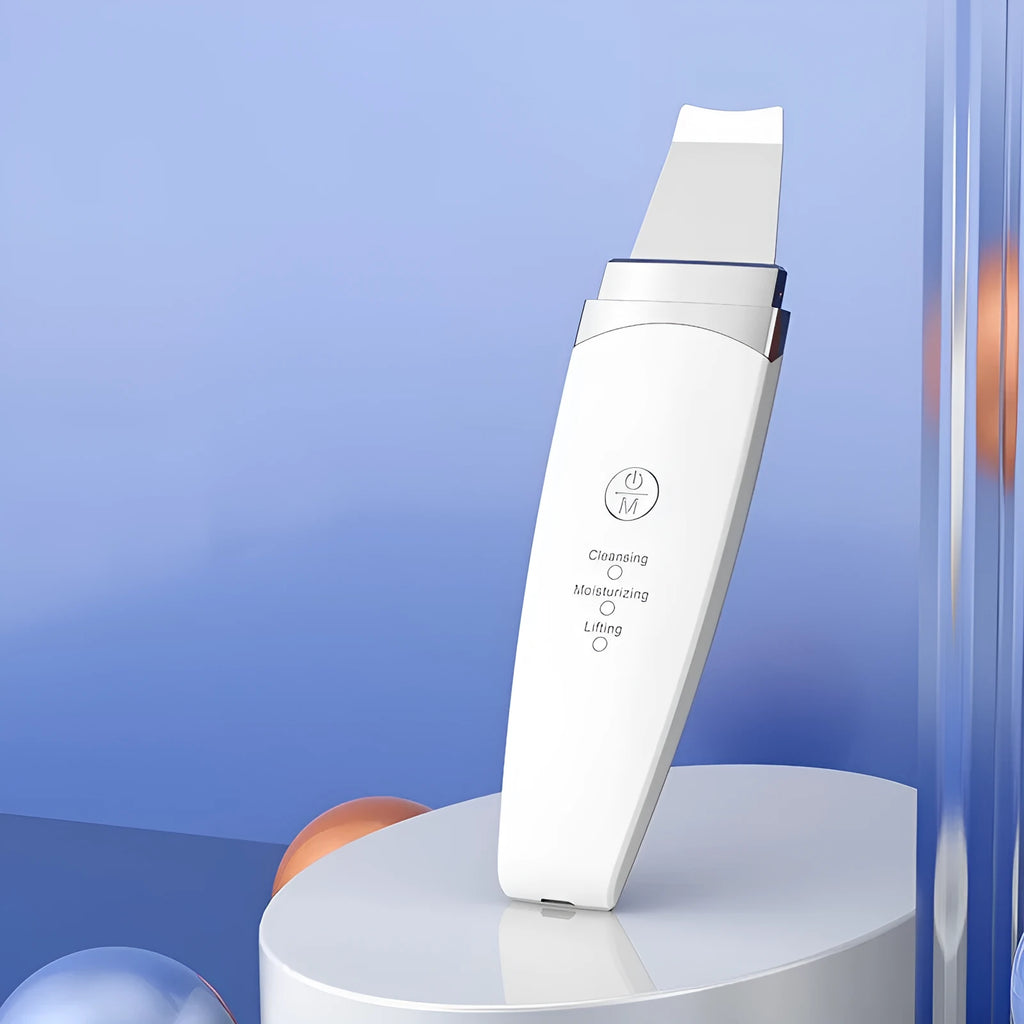 Ultrasonic peeling beauty instrument G77 white, 183.5 mm long, with stainless steel shovel head and USB charging cable