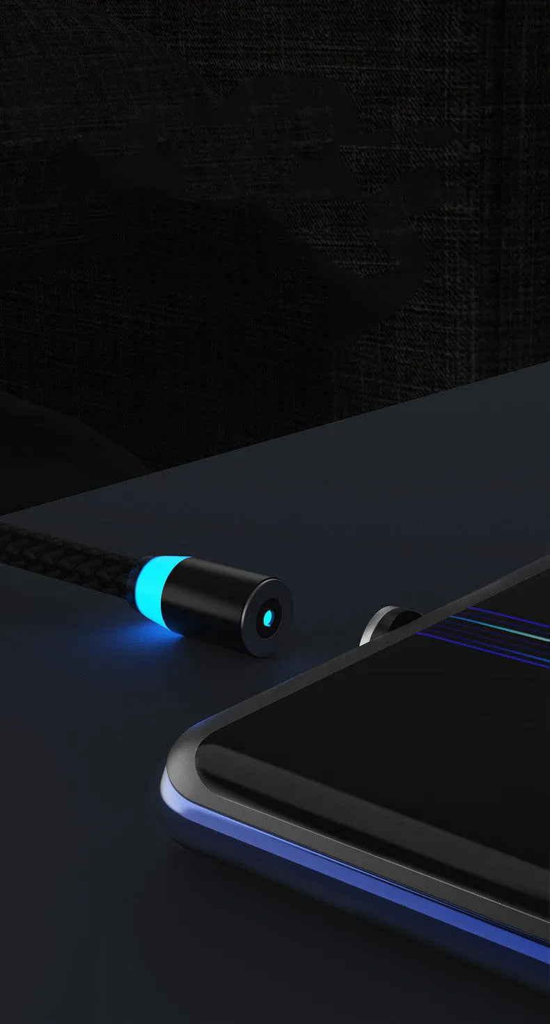 Magnetic charging cable with glowing LED light connected to a smartphone showing Lightning, USB-C, and Micro USB magnetic adapters.