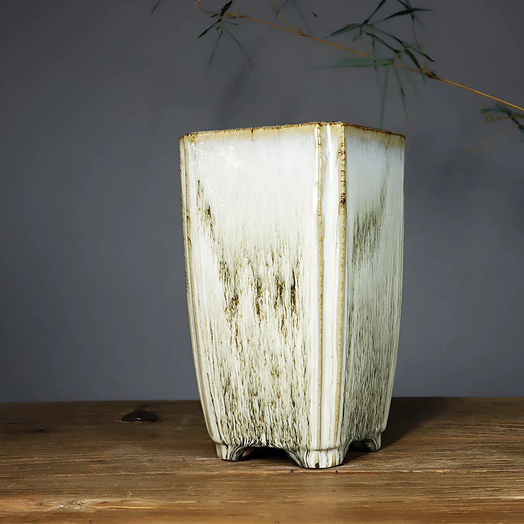 Light colour glazed ceramic flowerpot square sign tube handmade fired Shiwan style indoor plant container