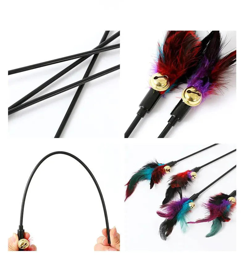 Rainbow cat feather toy stick with plush feathers and bells on plastic handle 35cm long