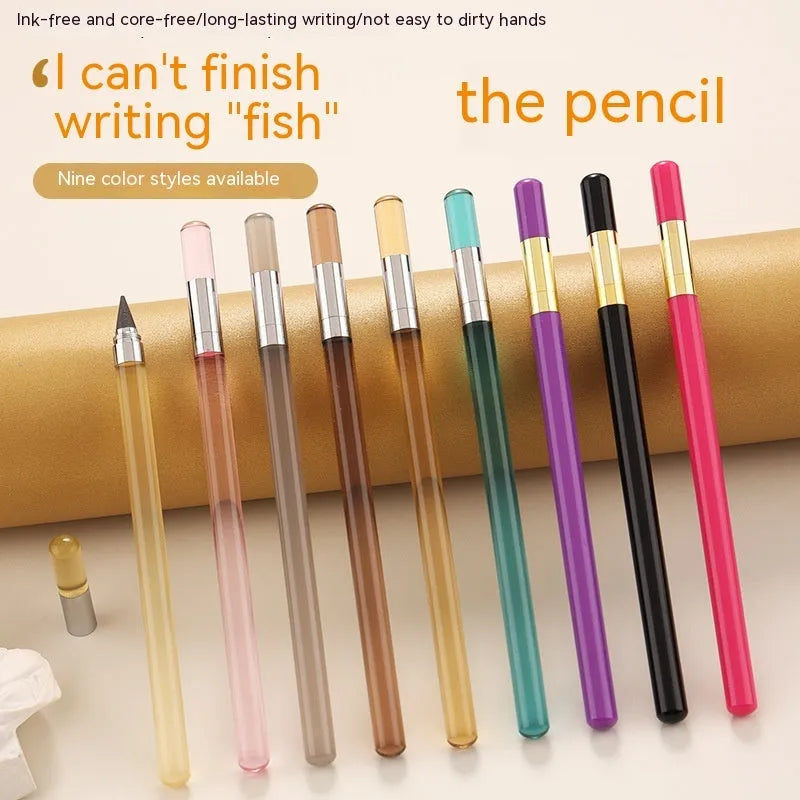Acrylic transparent eternal pencil with alloy tip showing colour refill options