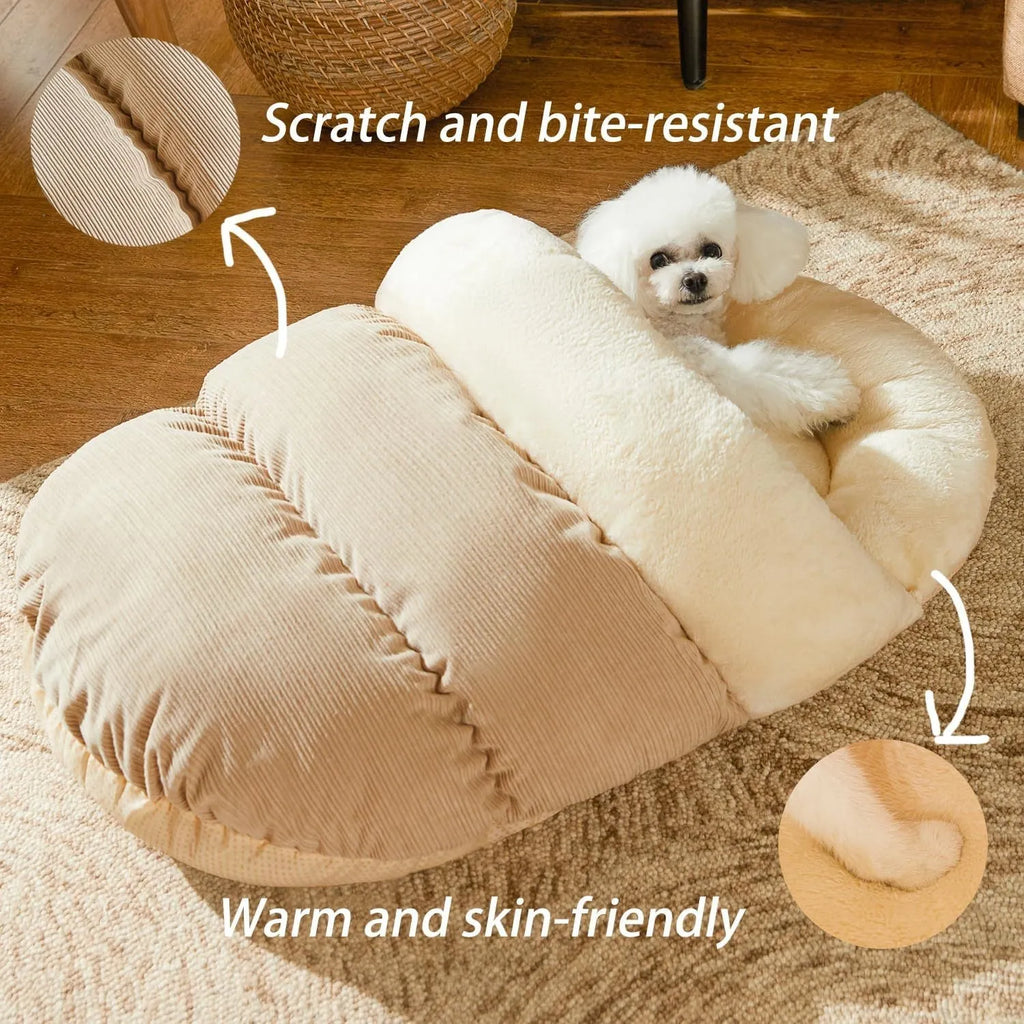Slipper-shaped grey cat cave bed with Arctic velvet interior shown in both enclosed and open configurations