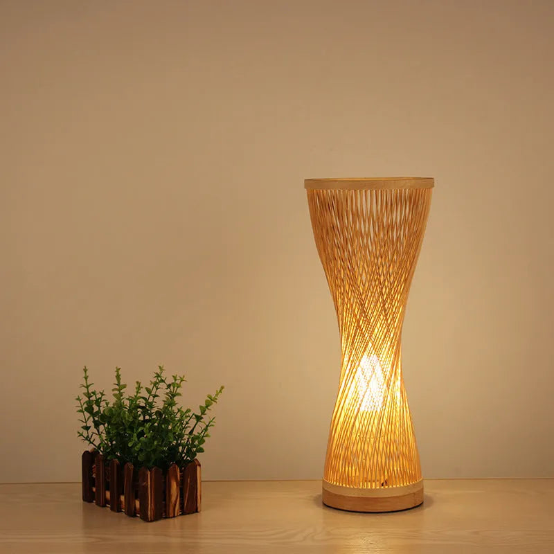 Creative Japanese bedside lamp with hand-woven bamboo shade, 17cm diameter, 40cm height, on a wooden table
