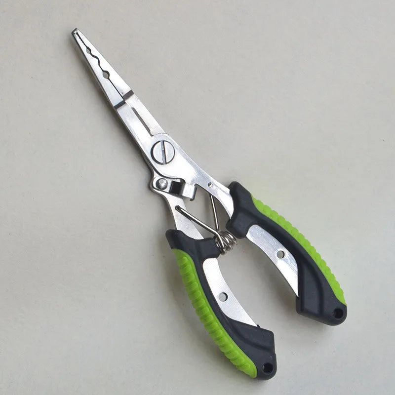 Medium-sized steel fishing pliers with coloured plastic handles and a nylon storage bag with strap.