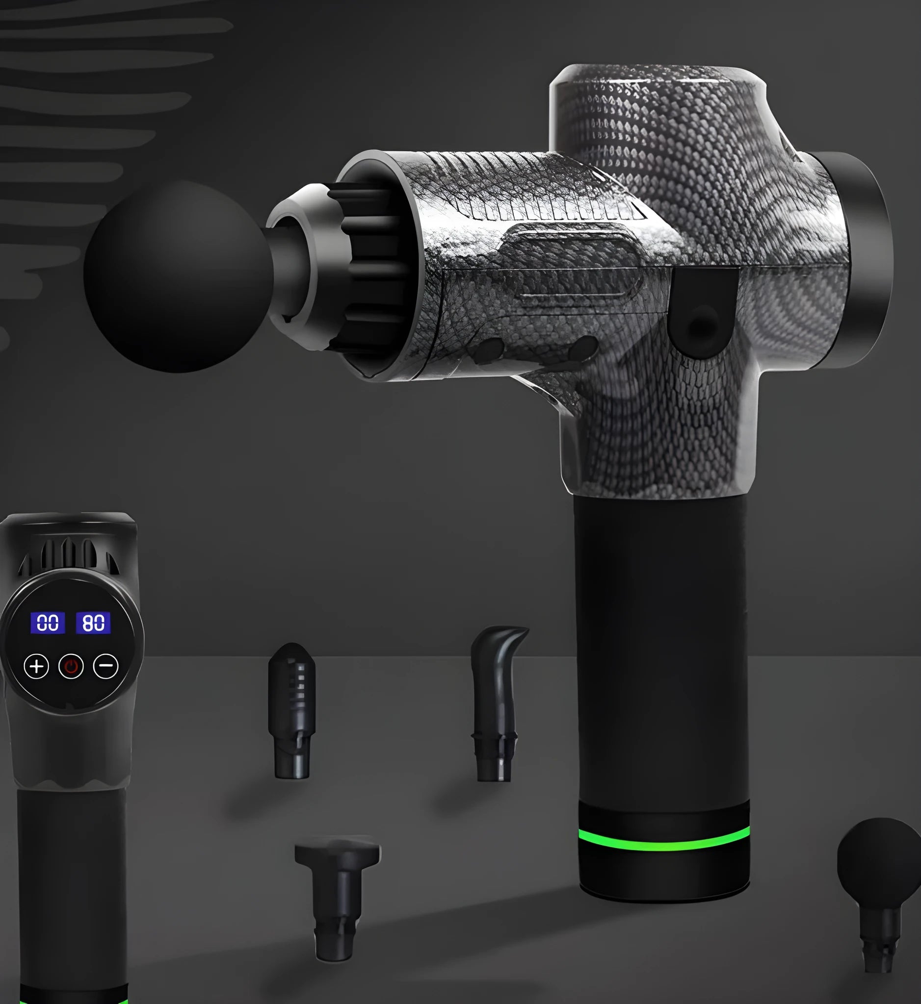 Black electric muscle massage gun with multiple interchangeable heads on a table.