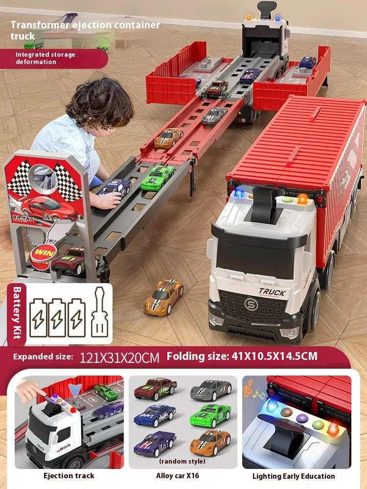 Children's deformation catapult truck rail car toy in plastic with red, blue, or yellow container truck and metal cars