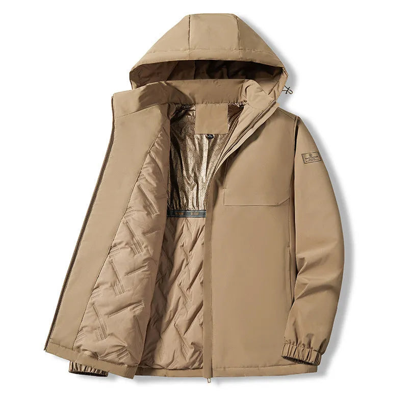 Men's black waterproof winter jacket shown on a hanger, showcasing its windproof outdoor design.