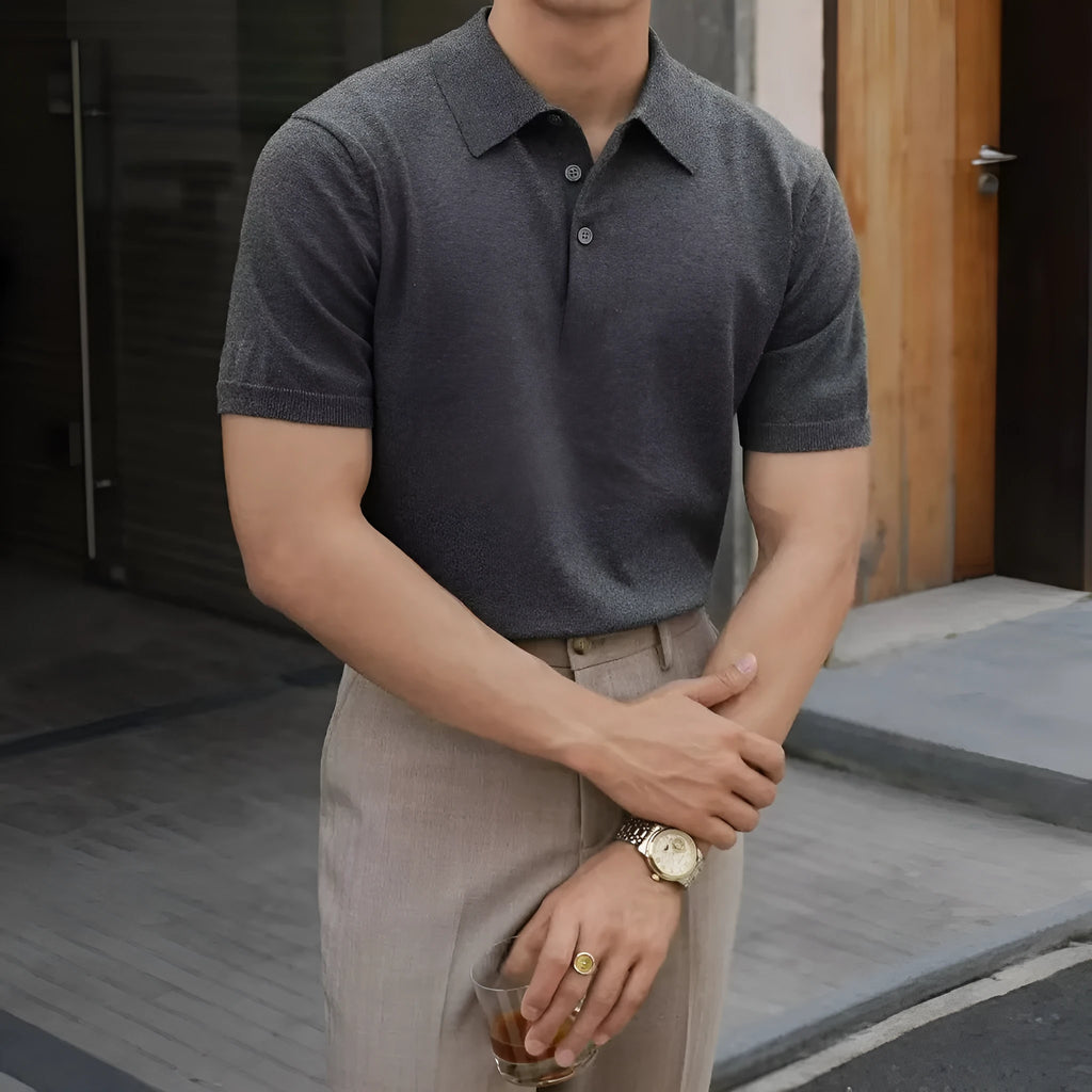 Men's knitted short sleeve polo shirt in cotton ice silk fabric, shown in a selection of available colours.