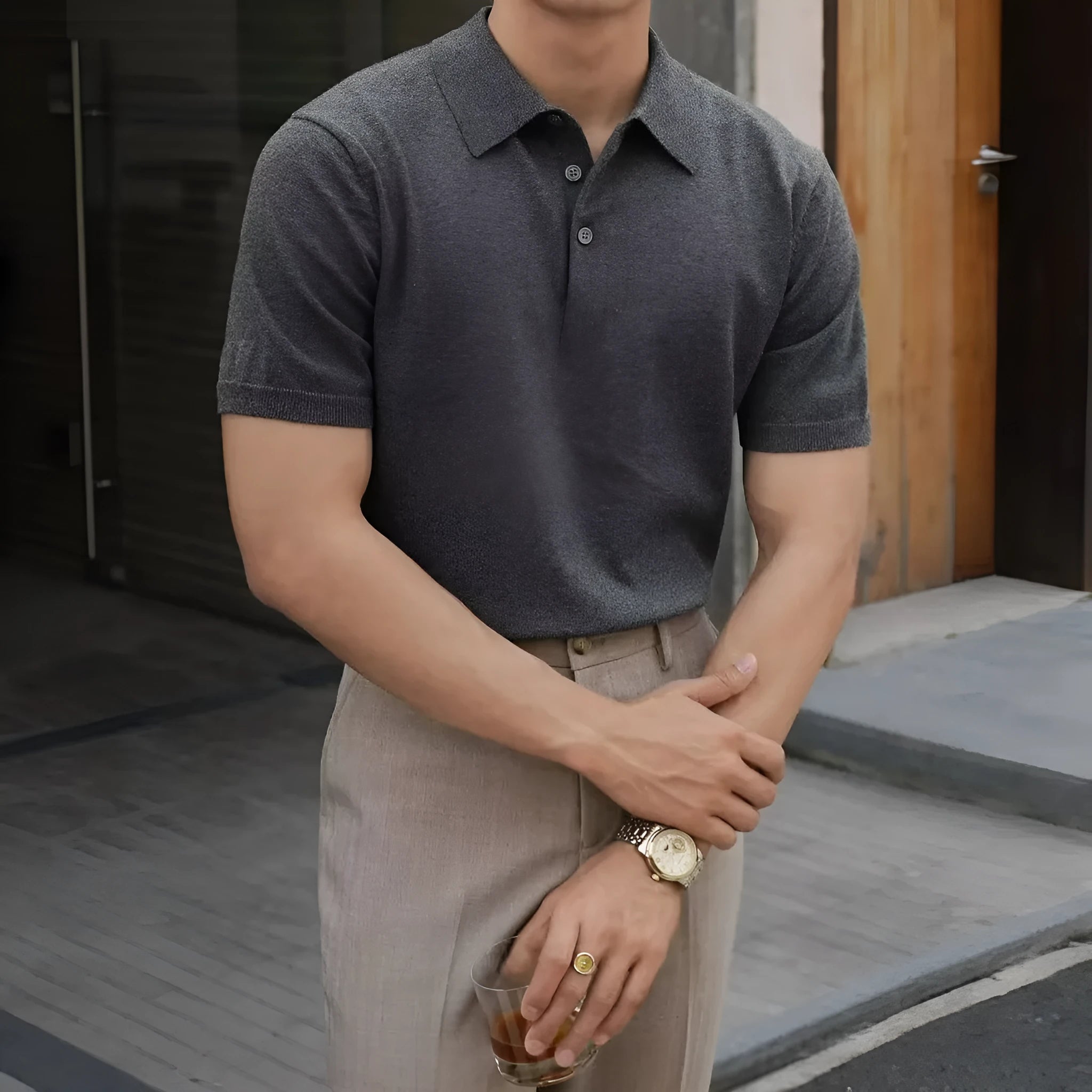 Men's knitted short sleeve polo shirt in cotton ice silk fabric, shown in a selection of available colours.