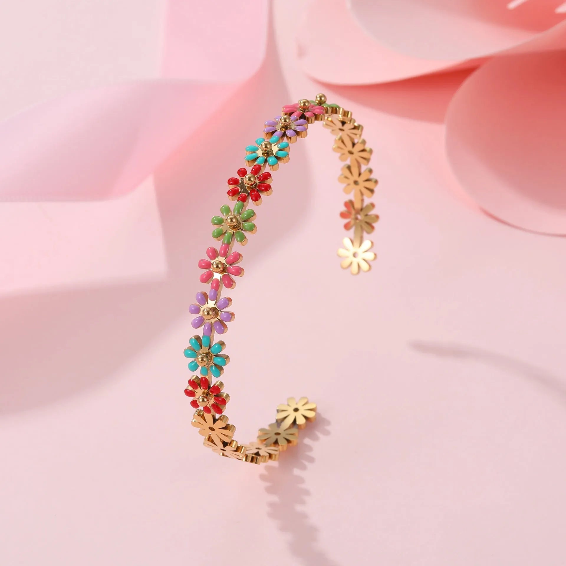 Oil dripping colour flower geometric stainless steel bracelet for women electroplated finish with colour ring option