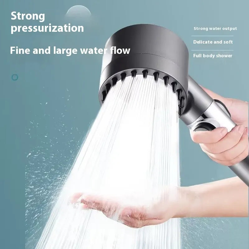 Portable ABS shower head with modern design showing three adjustment settings for different water flows