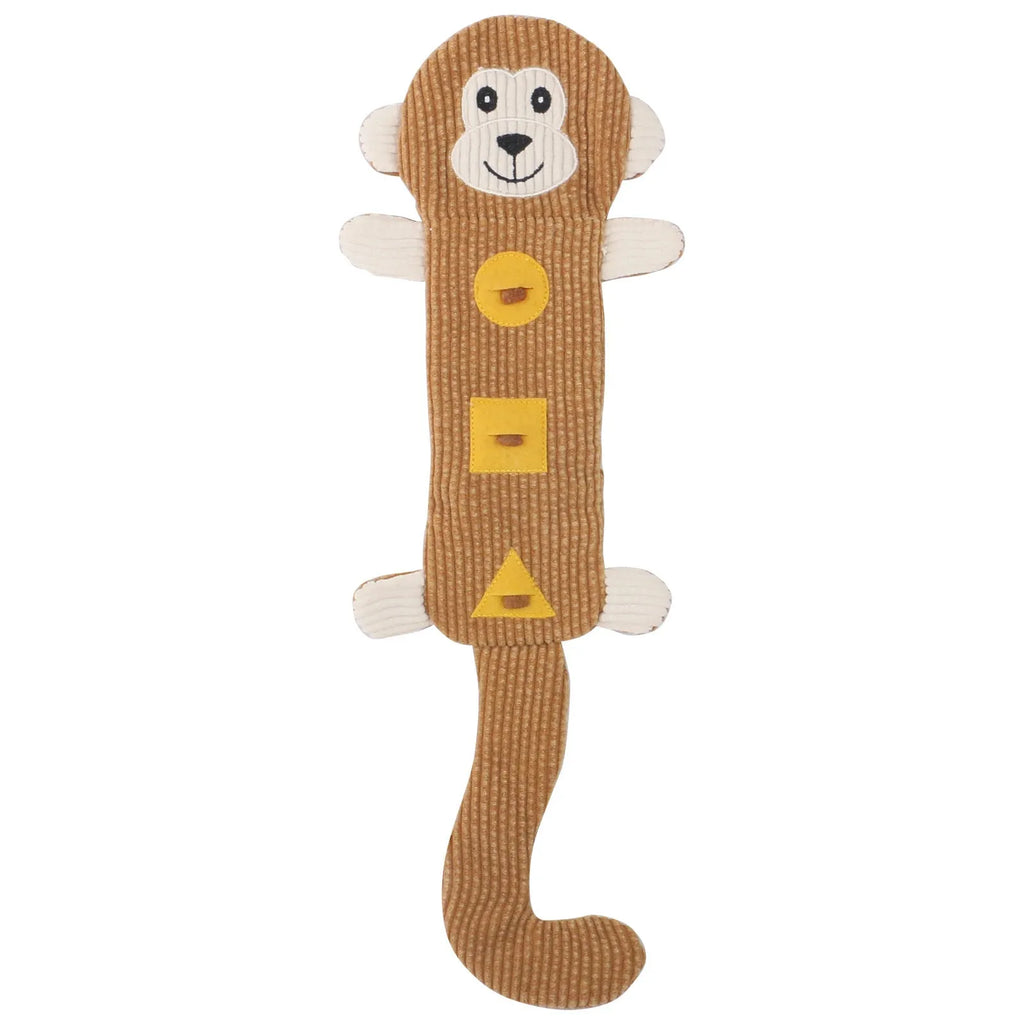 Plush dog chew toy shaped like a fox with squeaker and treat pockets, 47cm long