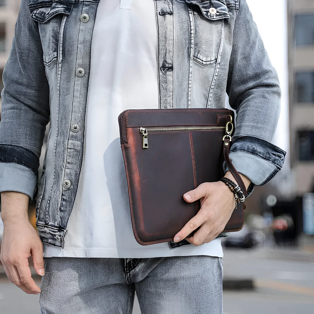 Retro crazy horse leather zipper computer bag for MacBook Pro 15.4/16 in coffee brown