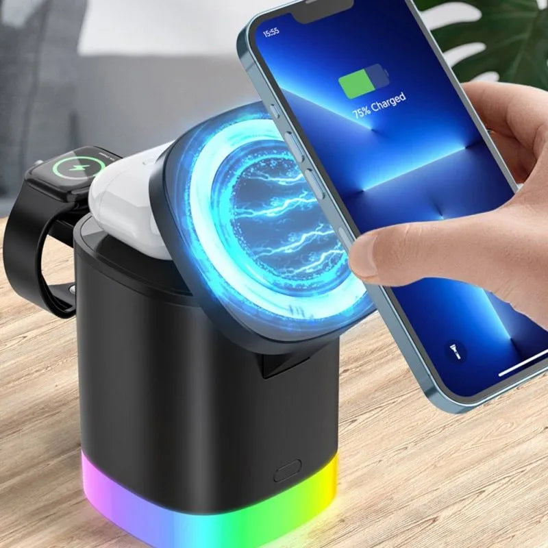 Black and white foldable 3-in-1 magnetic wireless fast charging station for phone, watch and earbuds.