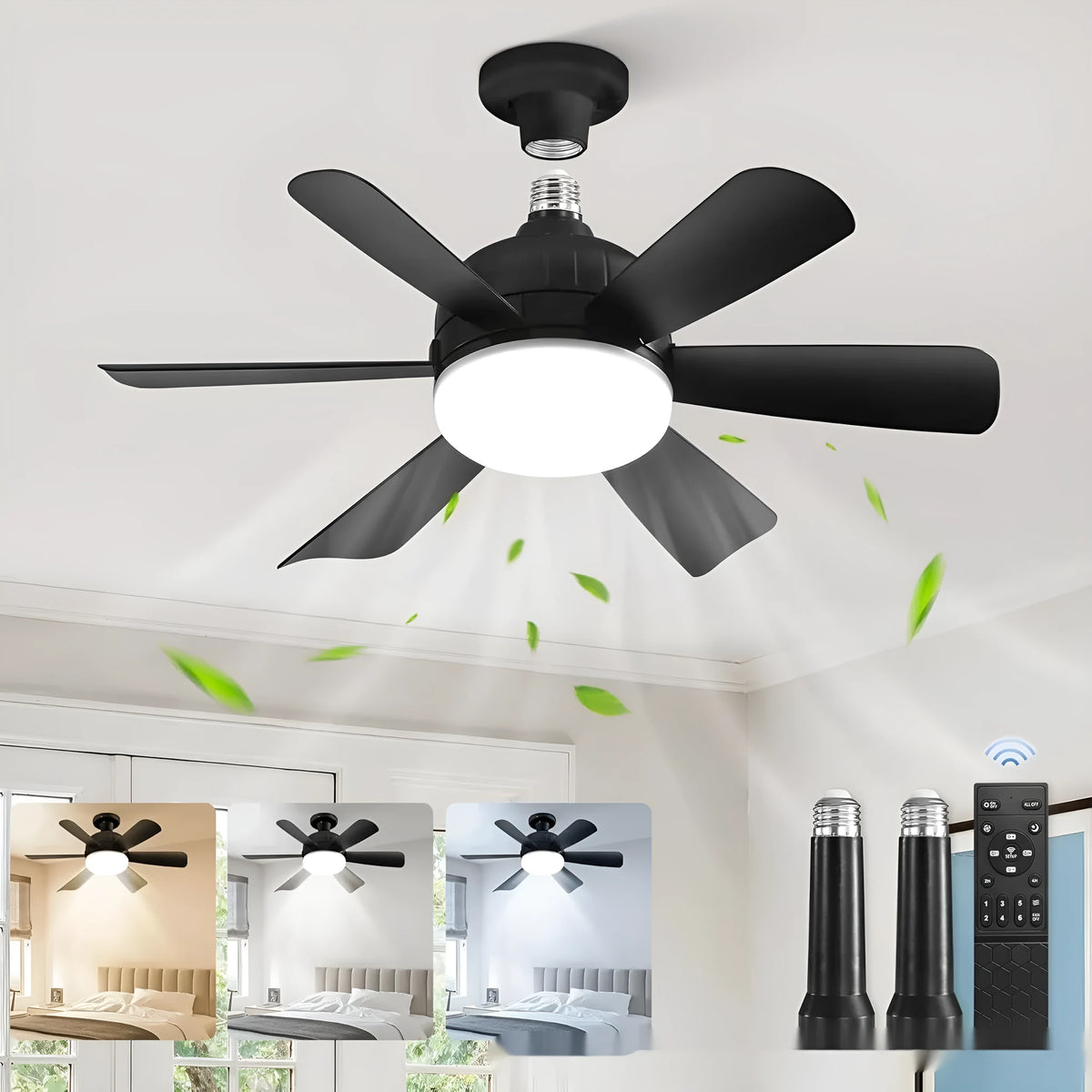 18-inch straight leaf fan lamp with remote control three light colours mute ceiling fan for living room bedroom black white