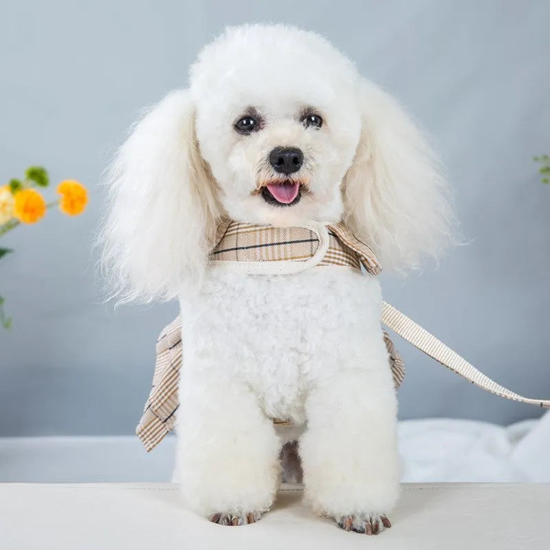 Adjustable dog vest harness with integrated hand holding rope in beige or purple skirt colours