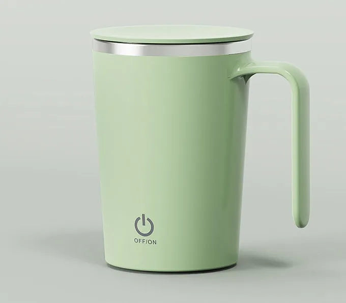 White automatic stirring electric mixing cup with minimalist design and USB cable.