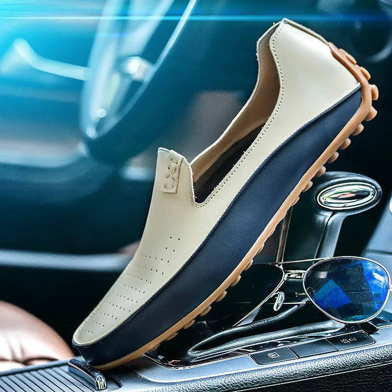Lightweight plus size men's beige synthetic leather loafers with hollow design flat heel breathable casual shoes