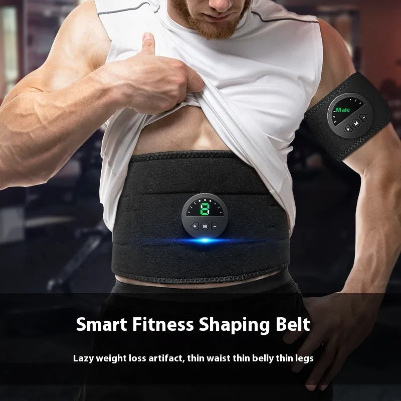 EMS fitness belt with adjustable strap and host unit for waist and abdomen workouts.