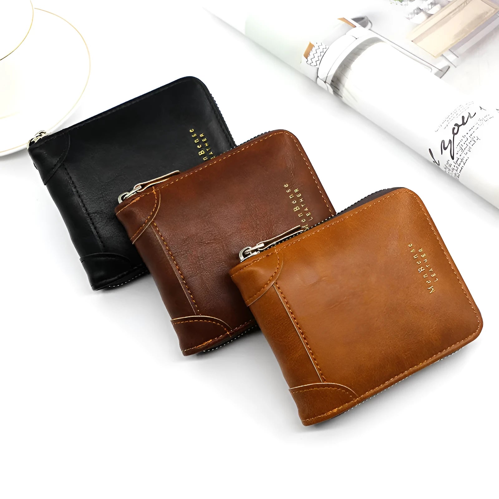 Men's short zipper coin purse in PU leather, available in black, dark brown, and light brown