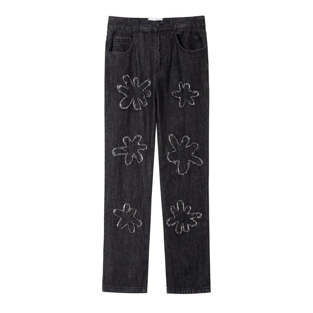 Retro burnt flowers niche wash straight-leg old jeans for men and women in light blue coffee black cotton denim mid-waist trousers