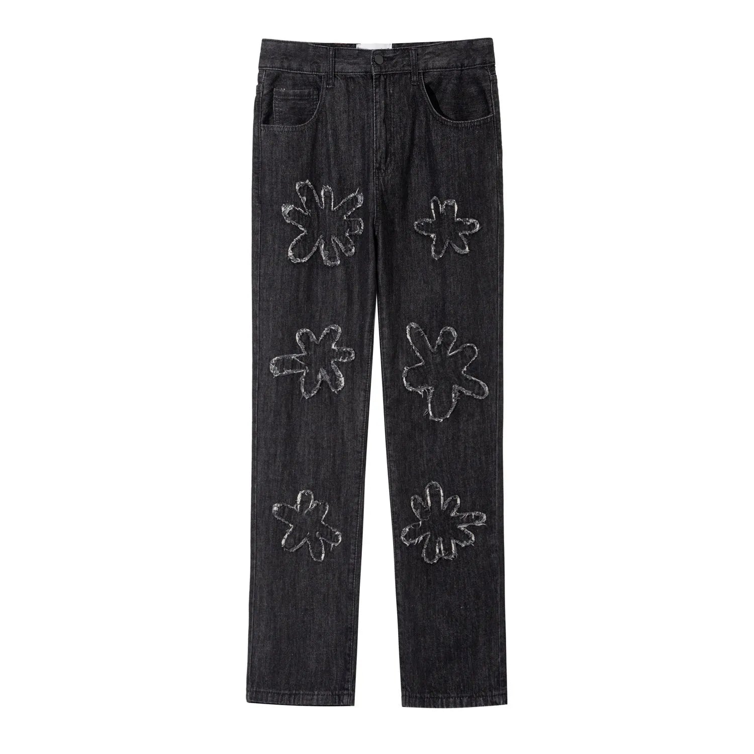 Retro burnt flowers niche wash straight-leg old jeans for men and women in light blue coffee black cotton denim mid-waist trousers