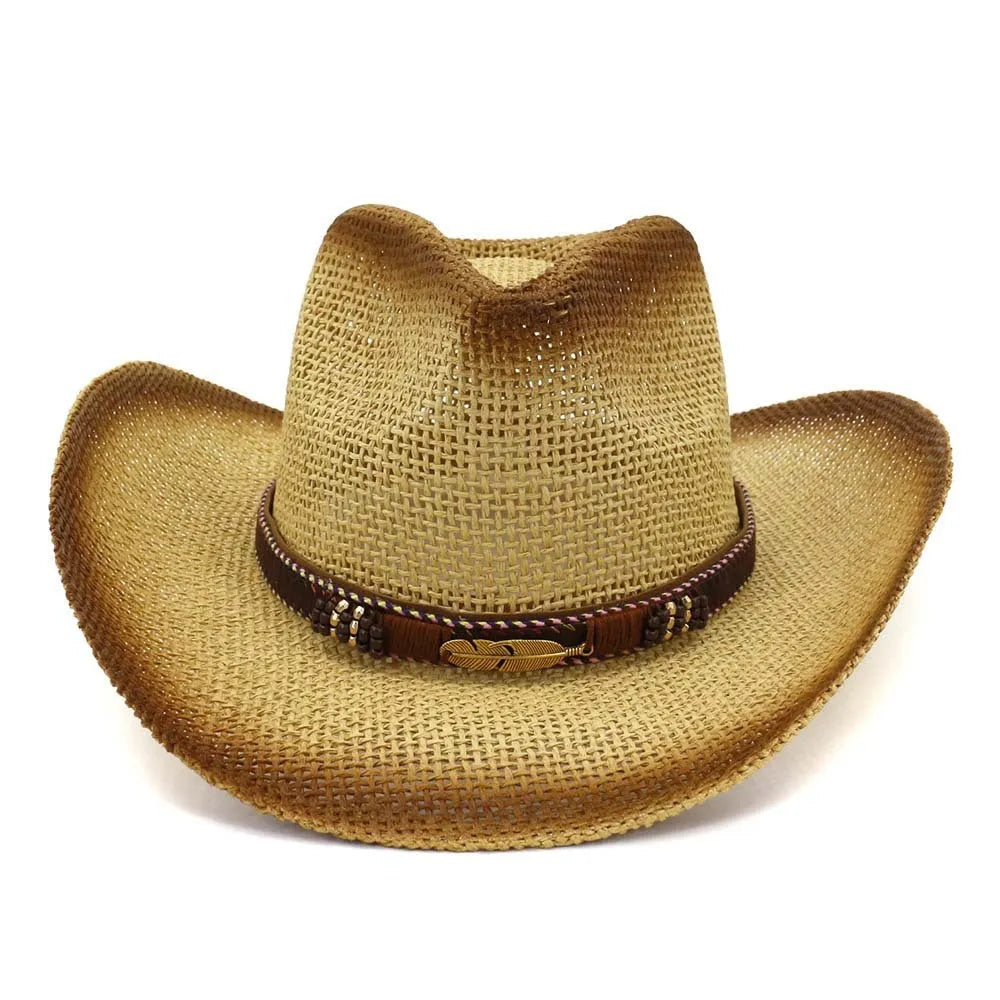 Paper straw cowboy beach hat with bell crown in khaki colour on neutral background