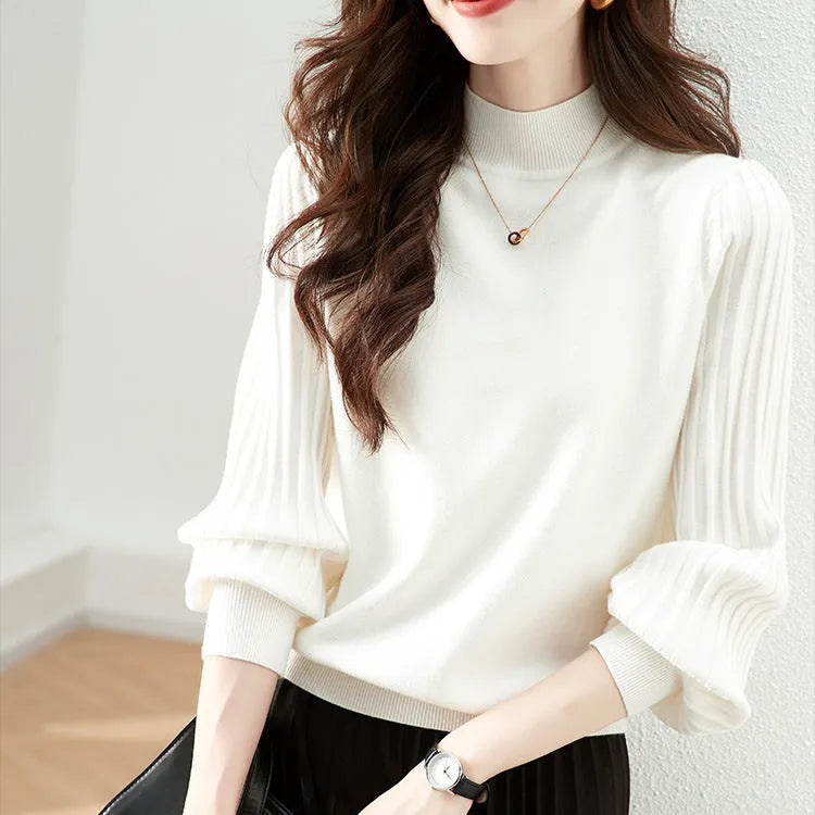 Slimming apricot half-turtleneck shirt with a sunken stripe design, shown as a pullover.