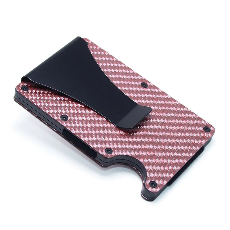 CH6600 slim geometric card holder in black carbon fibre, showing front profile and thickness.