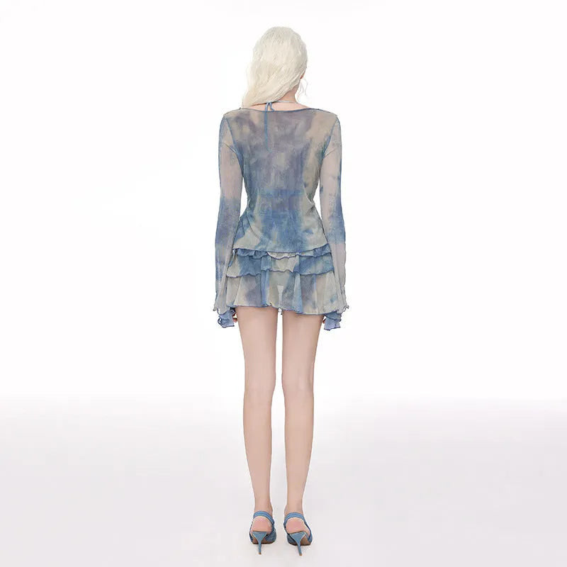 Women's steel support push-up long-sleeved swim blouse in blooming blue, part of split swimsuit set