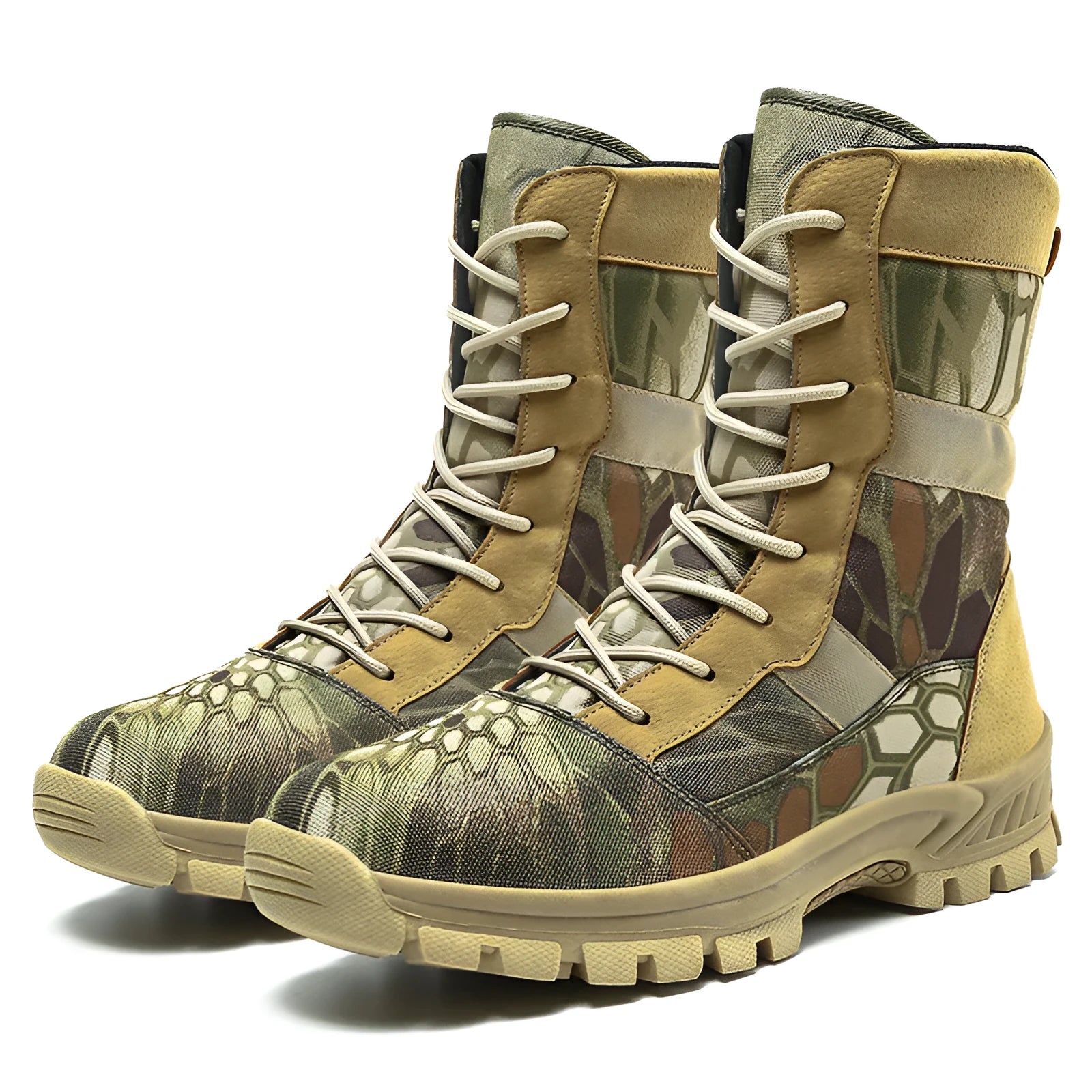 Men's black and camouflage high-top mesh Martin boots with totem pattern and lace-up closure.