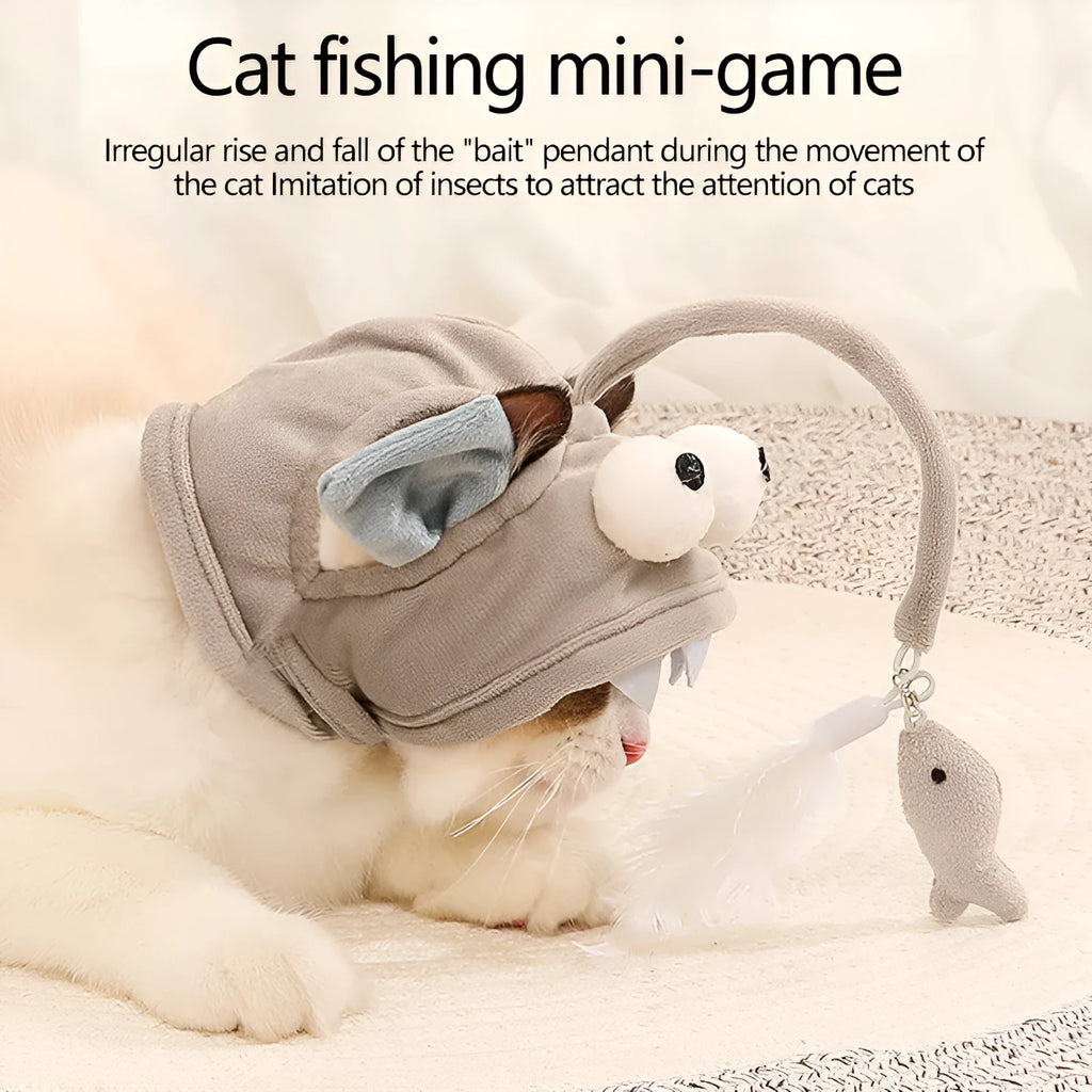 Adjustable head-mounted cat teaser toy with grey big eye fish attachment and dinosaur design
