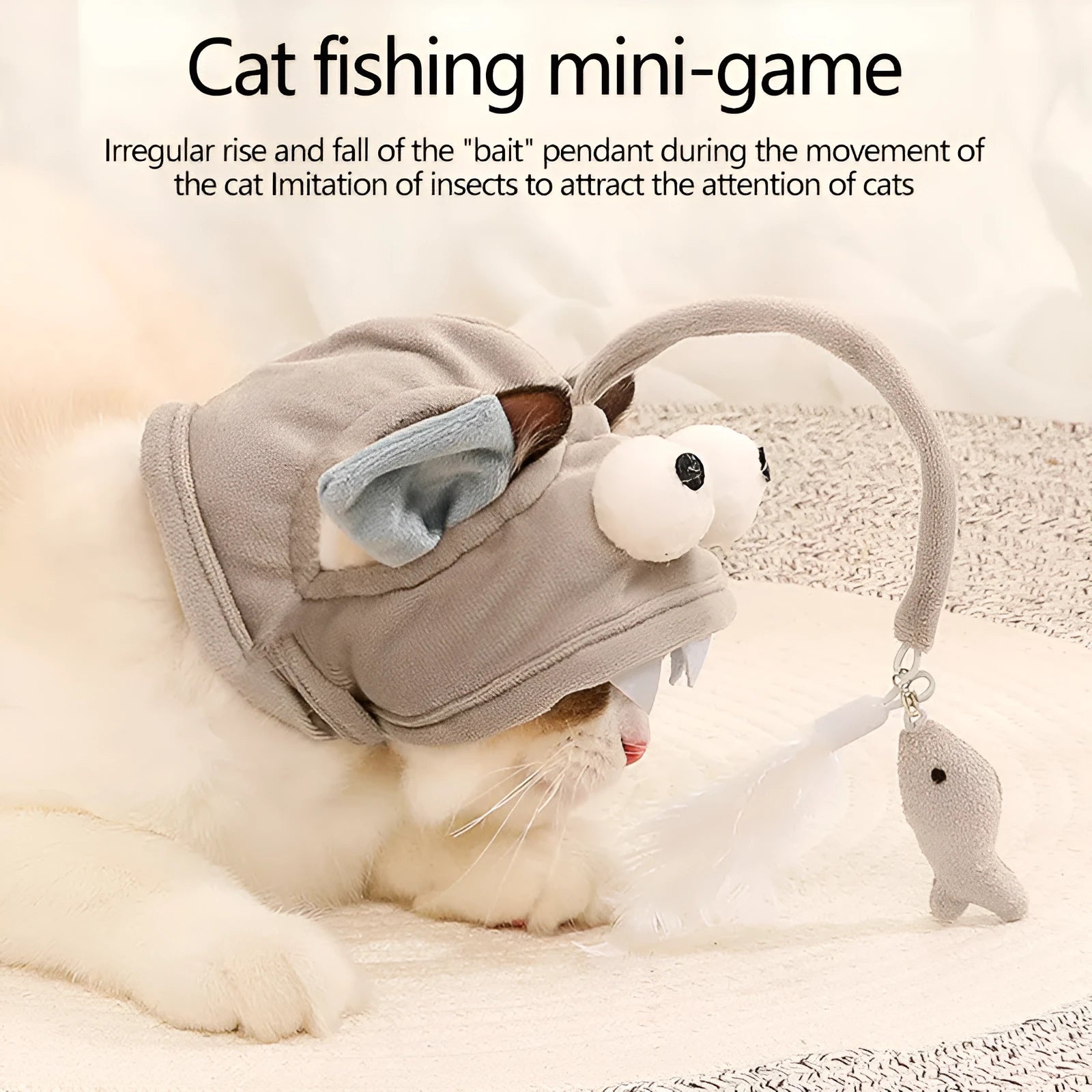 Adjustable head-mounted cat teaser toy with grey big eye fish attachment and dinosaur design