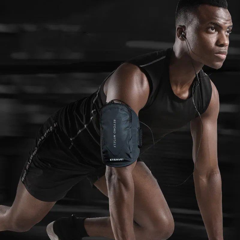 Black reflective running arm bag with adjustable strap, shown holding a mobile phone, designed for outdoor sports.